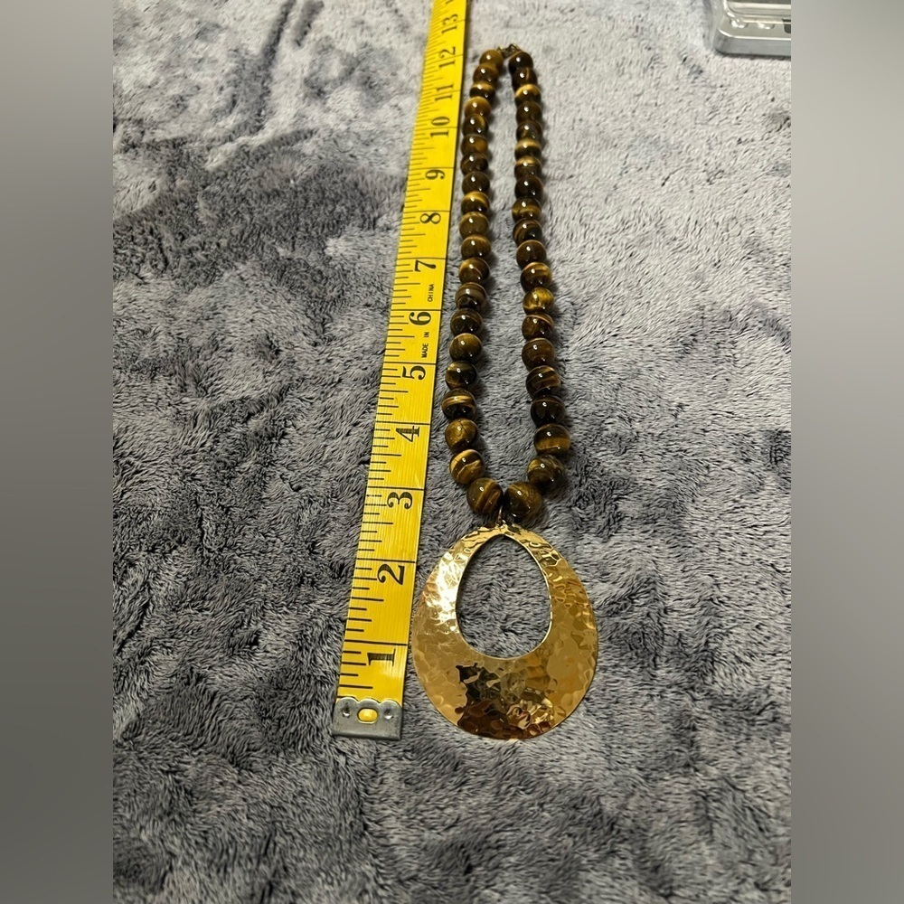 Vintage Tiger's Eye Beaded Necklace Gold Washed Sterling Hammered Pendant